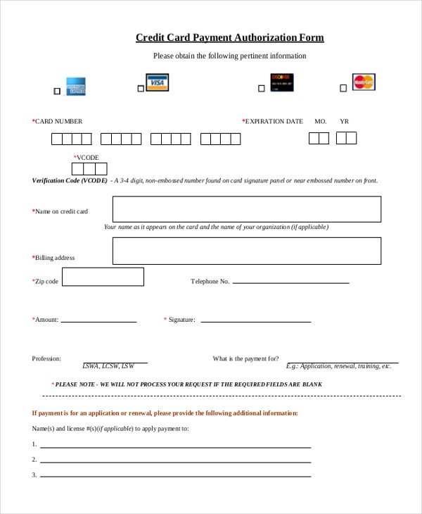 Sample Credit Card Authorization Form 12 Free Documents