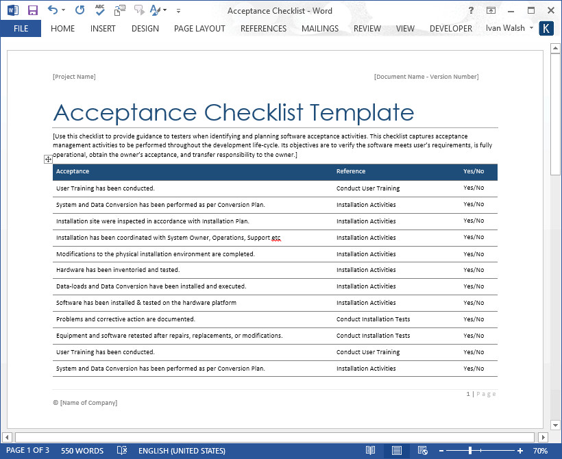 Software Testing – Acceptance Checklist Template