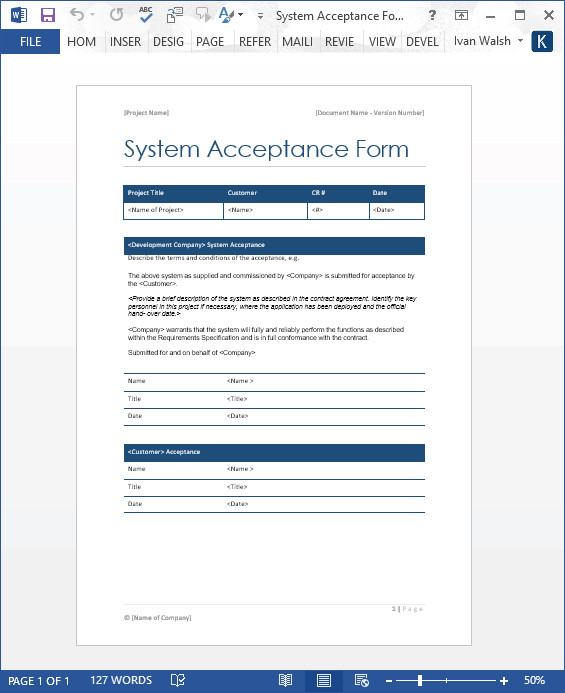 System Acceptance Form – MS Word – Software Testing