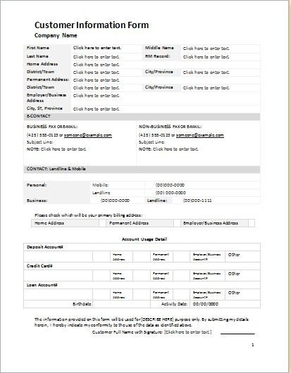 Customer Information Form Template for WORD