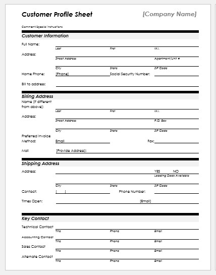 Customer Profile Sheet Templates for MS Word