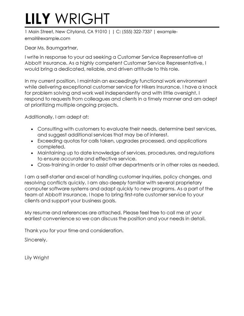 Best Customer Service Representative Cover Letter Examples