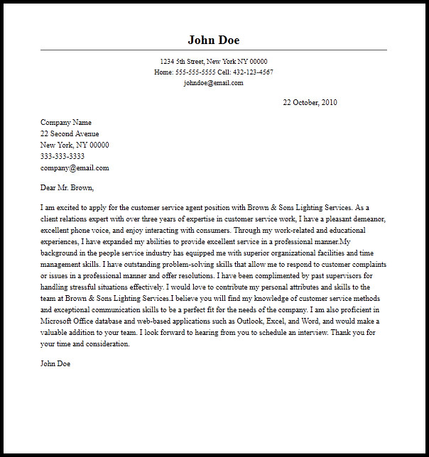 Professional Customer Service Agent Cover Letter Sample