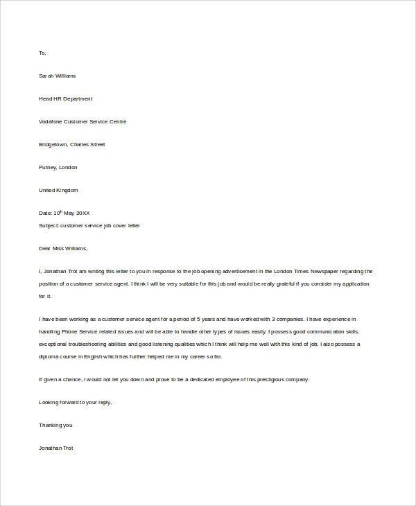 Sample Customer Service Cover Letter 8 Examples in Word