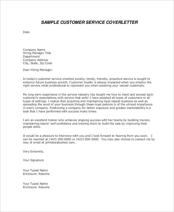 Sample Customer Service Cover Letter 8 Examples in Word