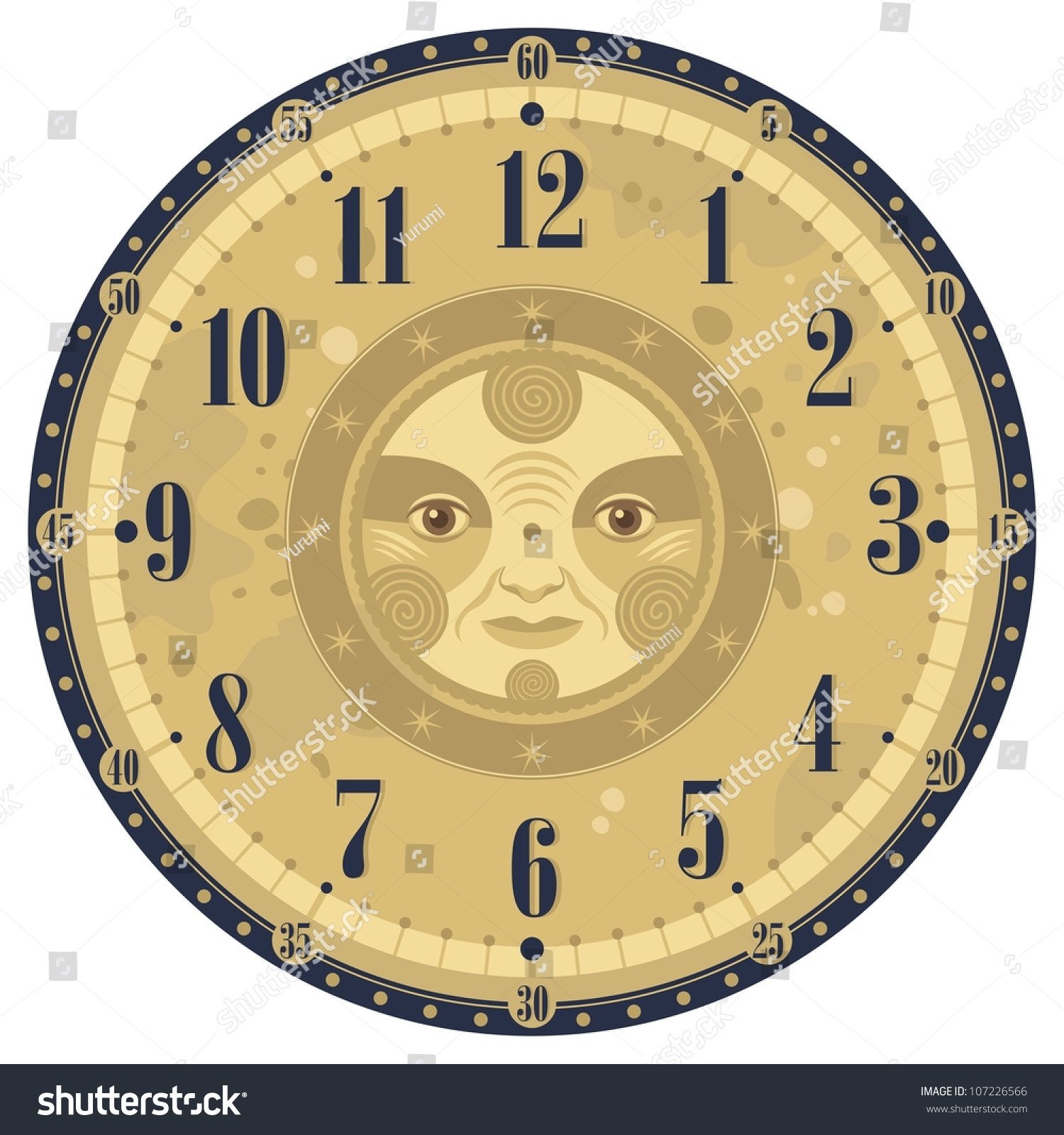 Vintage Clock Face Template With Decorative Sun Stock