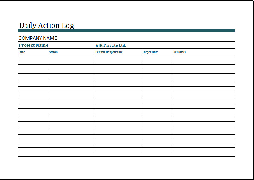 MS Excel Daily Action Log Template