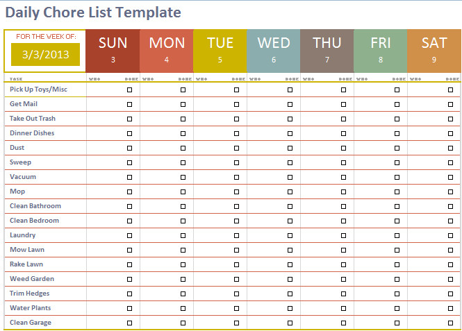 Daily Chore List Template Microsoft fice Templates