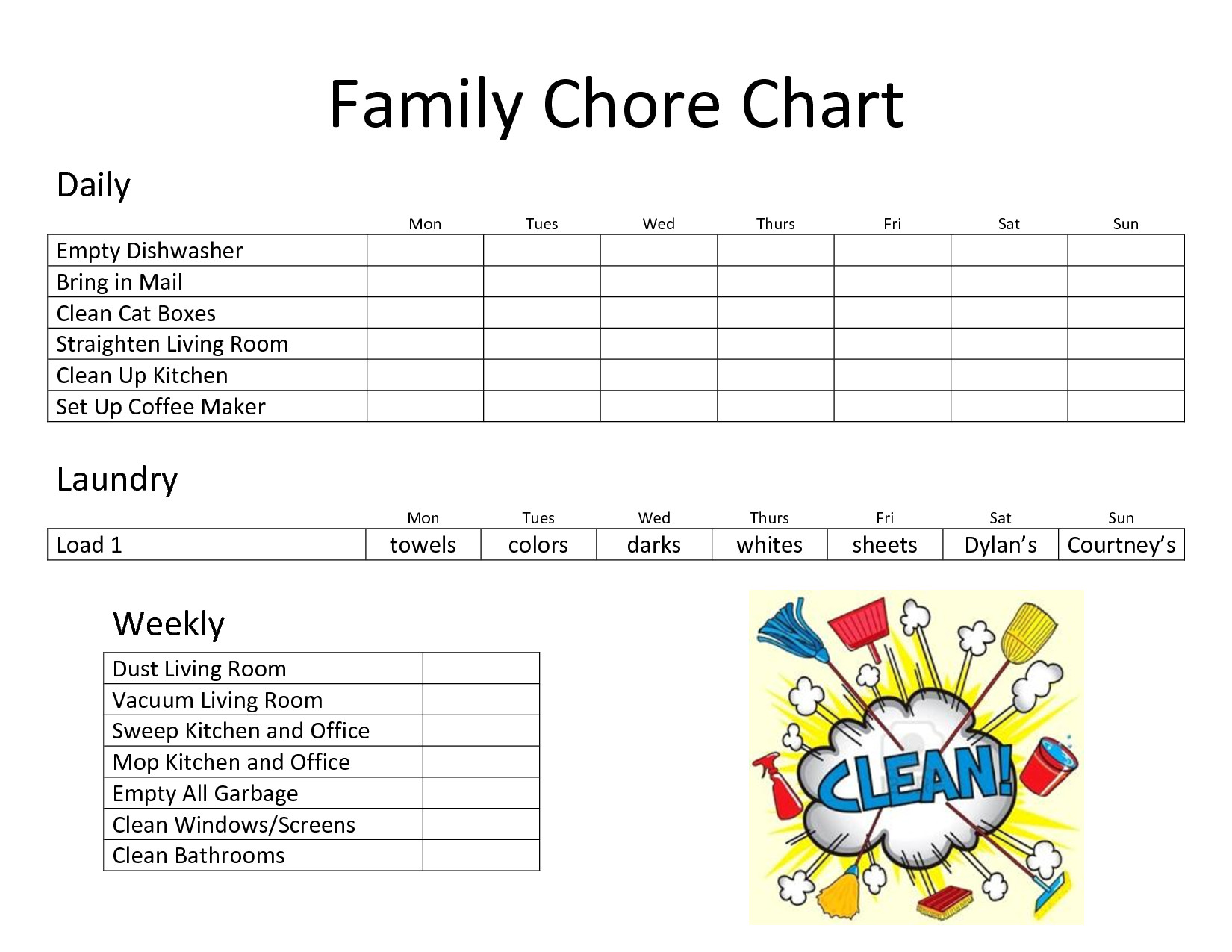 Daily Family Chore Chart Template Chore charts