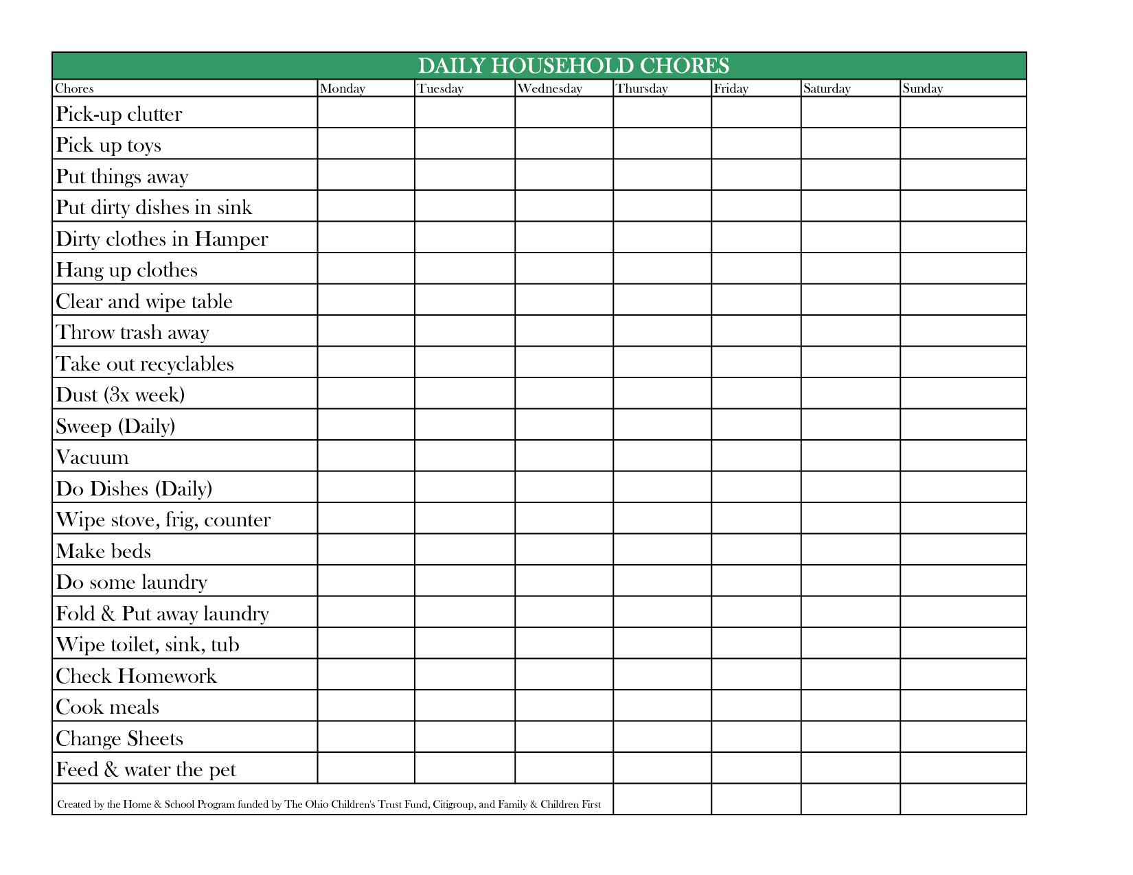 Daily Household Chore List Templates