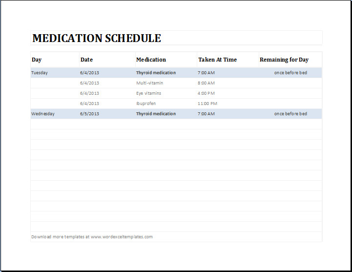 Daily Medication Schedule Template MS Excel