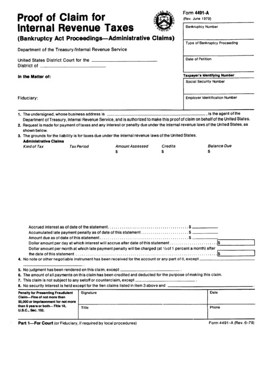 Form 4491 A Proof Claim For Internal Revenue Taxes