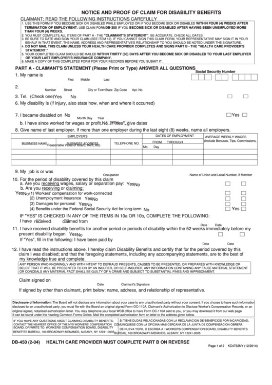 Fillable Db 450 Form Notice And Proof Claim For