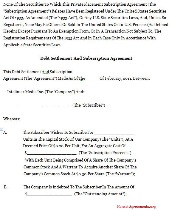 Debt Settlement And Subscription Agreement Sample Debt
