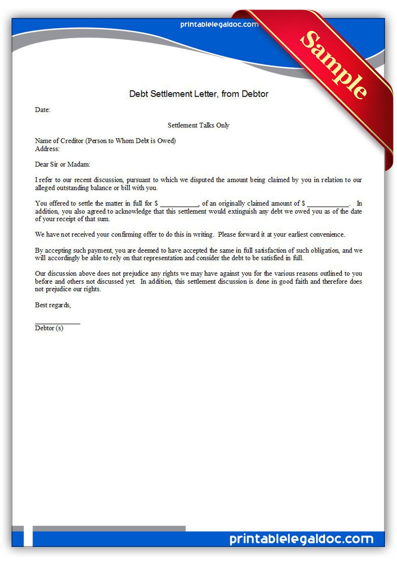 Free Printable Debt Settlement Letter Debtor Form GENERIC