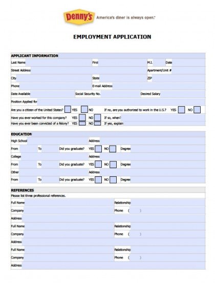Download Fillable Denny s Job Application Form