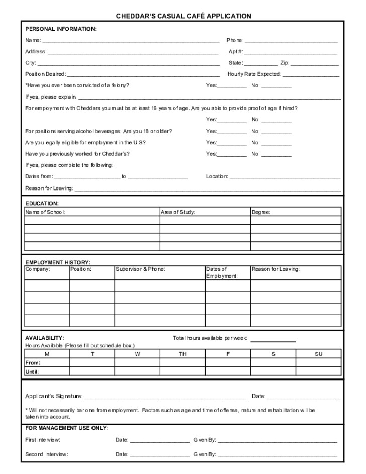 Free Printable Cheddar s Job Application Form