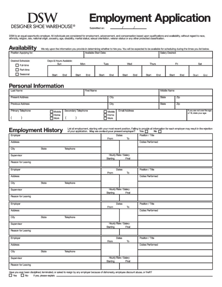 Free Printable DSW Job Application Form