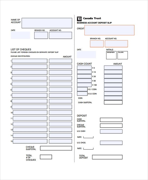 Sample Deposit Slip Template 8 Free Documents Download