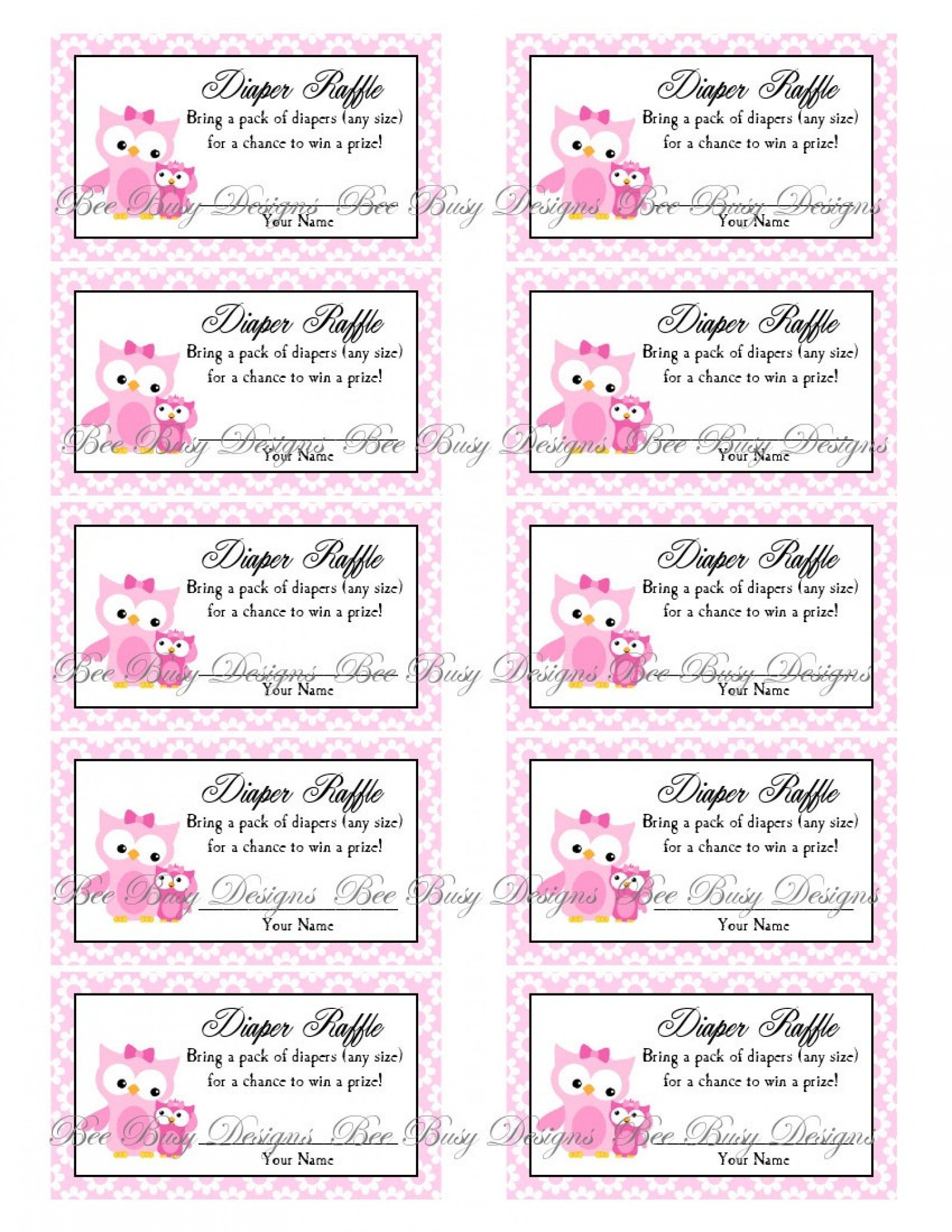 Printable Pink Mom with Little Girl Owl Diaper Raffle