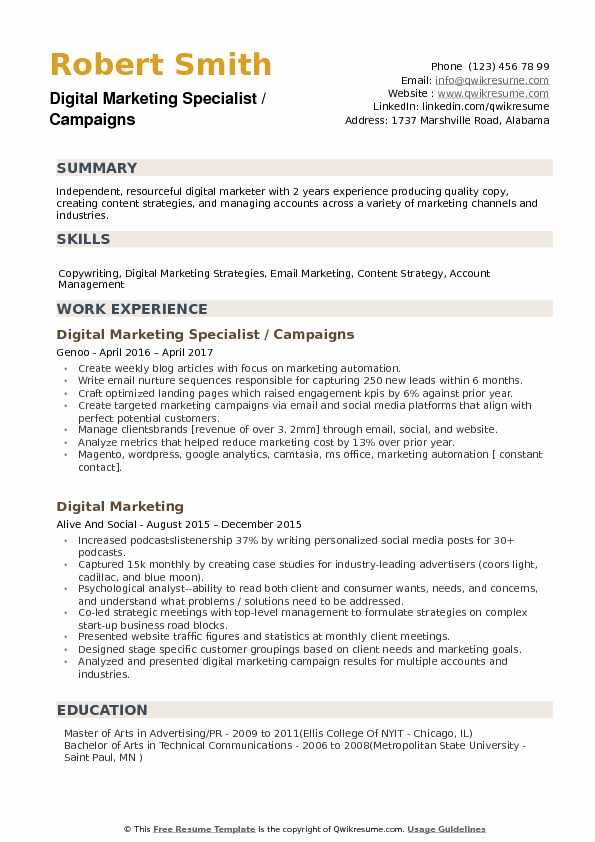 Digital Marketing Specialist Resume Samples