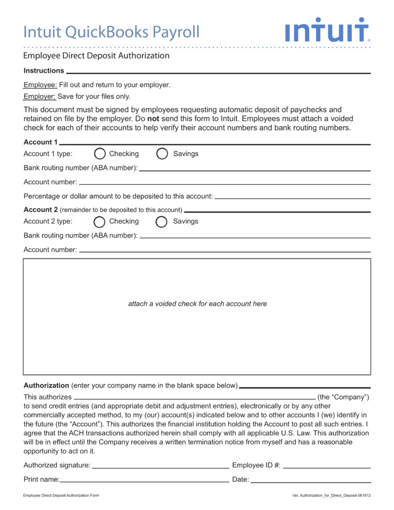 Free Intuit Quickbooks Payroll Direct Deposit Form PDF