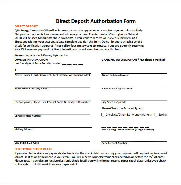 Sample Direct Deposit Authorization Form 7 Download