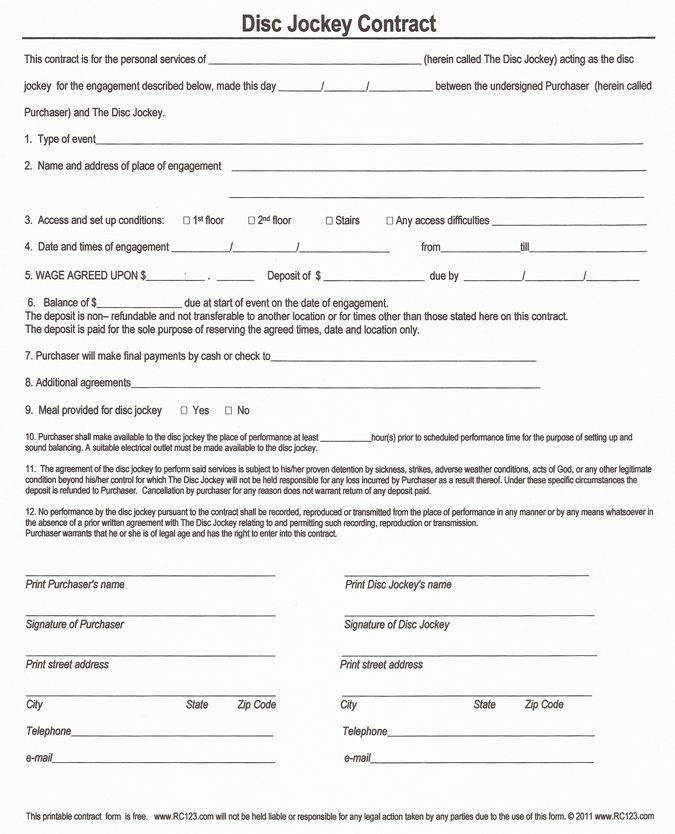 Free and Printable Disc Jockey Contract Form RC123