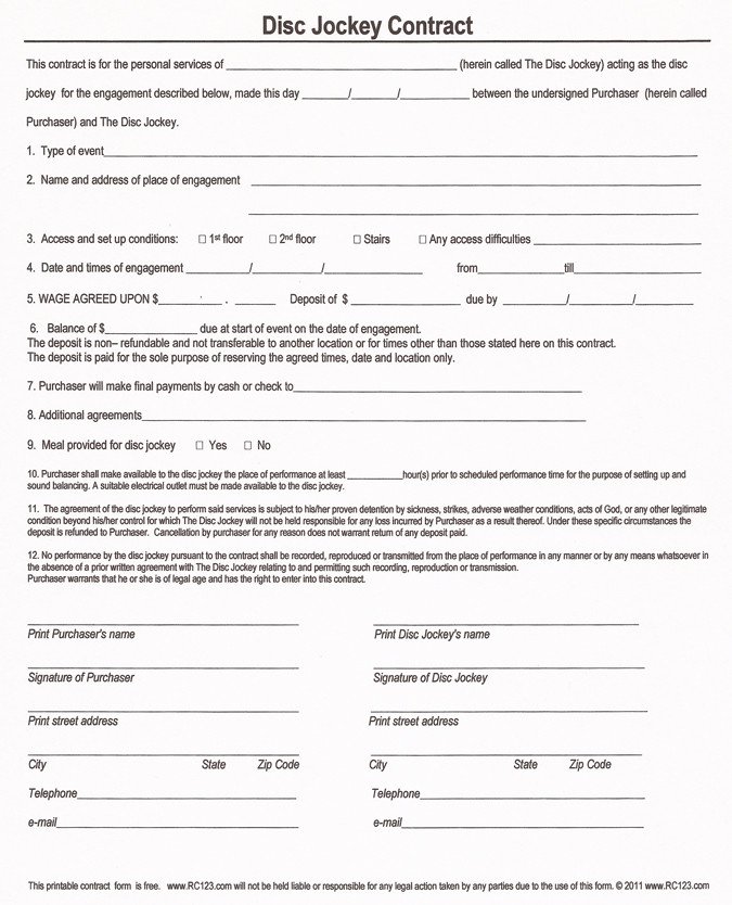 Printable Blank Contract Form for Disc Jockey with 12