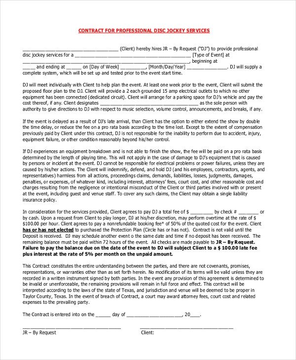 Sample DJ Contract Form 8 Free Documents in PDF Doc
