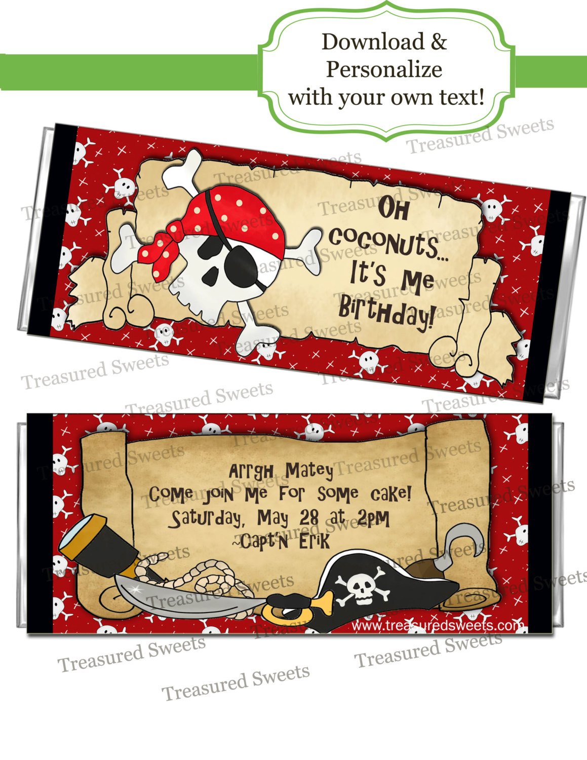 PRINTABLE Pirate Candy Bar Wrappers Personalized Editable Boys