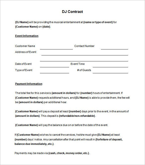 Brilliant DJ Contract Template Sample with Blank Event