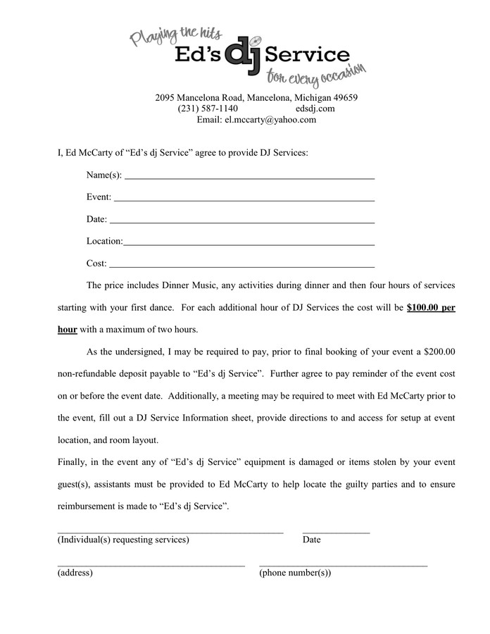 DJ Services Contract in Word and Pdf formats