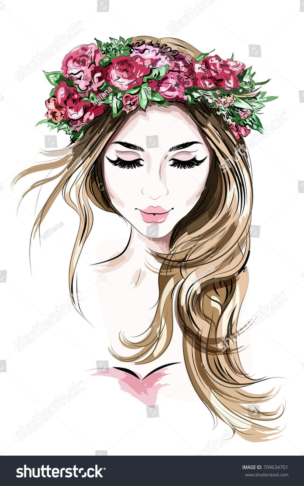 Hand Drawn Beautiful Young Woman Flower Stock Vector