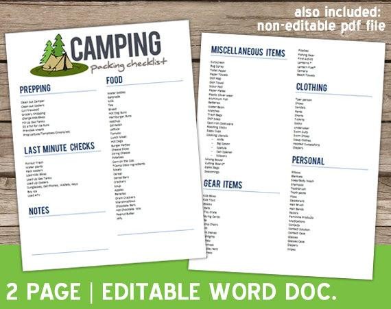 EDITABLE Camping Checklist for Summer Word Document