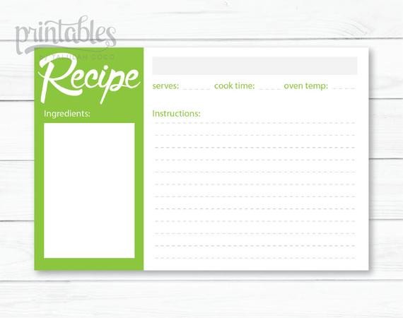 Printable Recipe Card Green Recipe Cards Editable Recipe