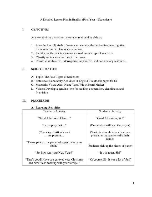 A Detailed Lesson Plan in English First Year – Secondary