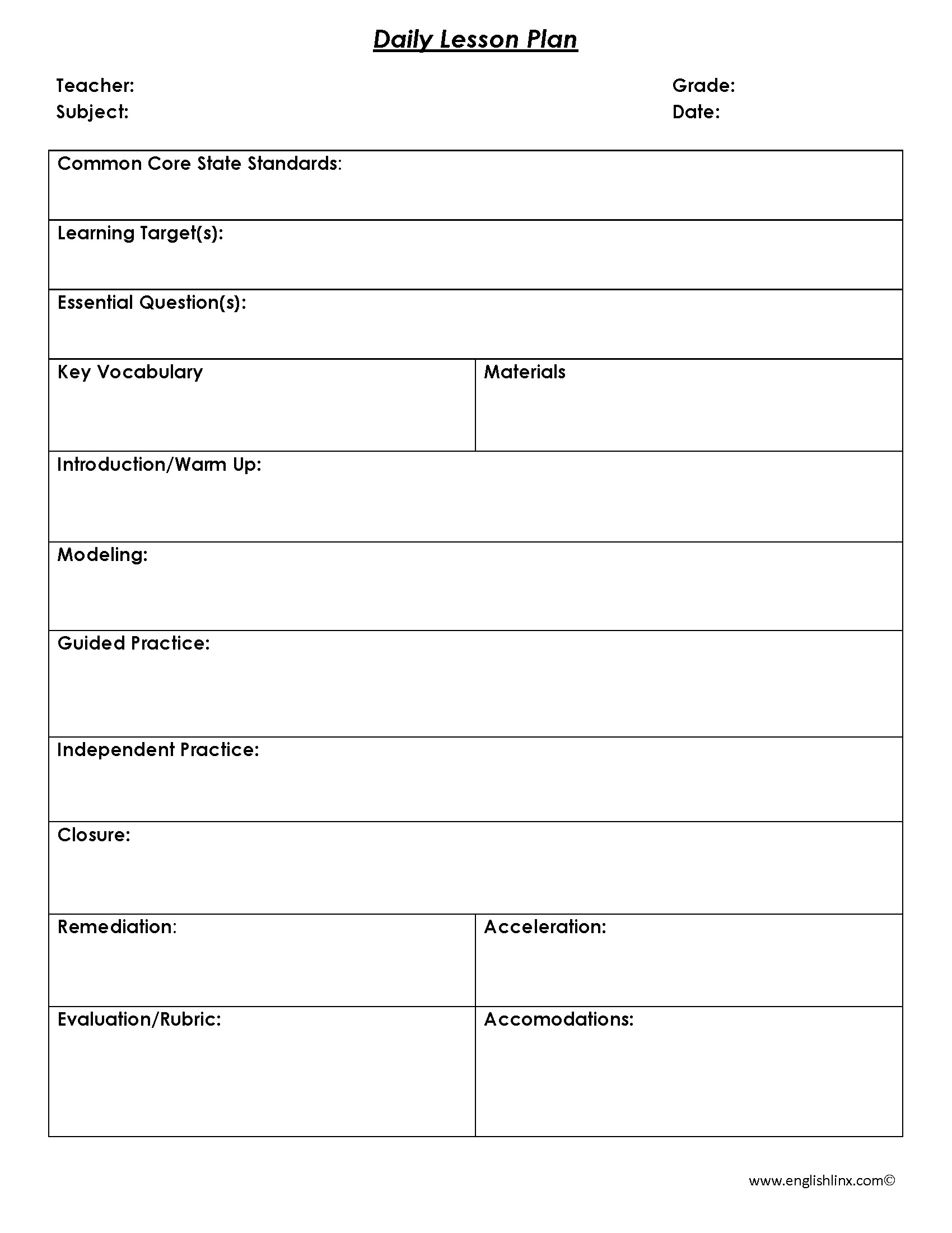 Daily Lesson Plan Template English