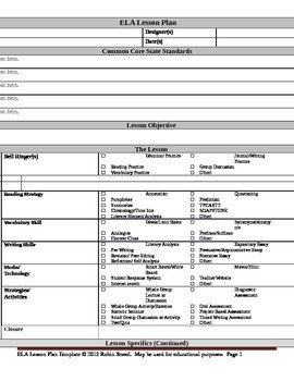 ELA Lesson Plan Template with Embedded mon Core