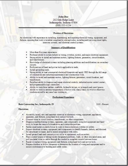 Electrician Resume Occupational examples samples Free