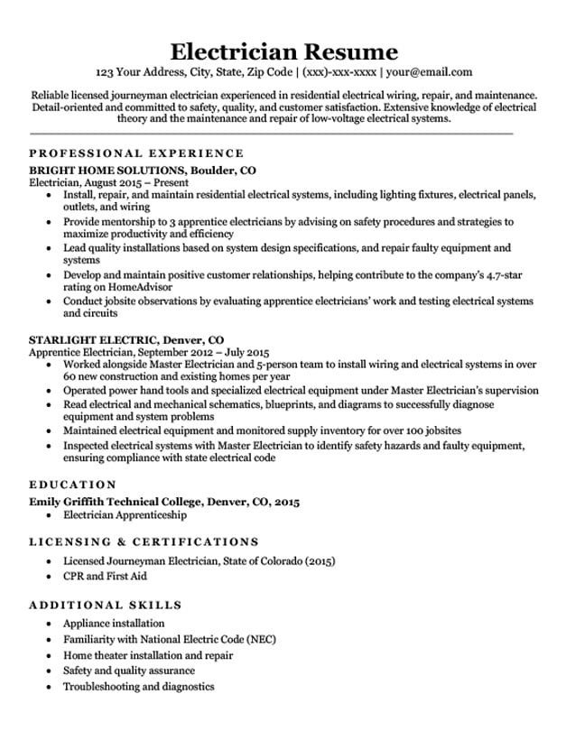 Electrician Resume Sample & Writing Tips