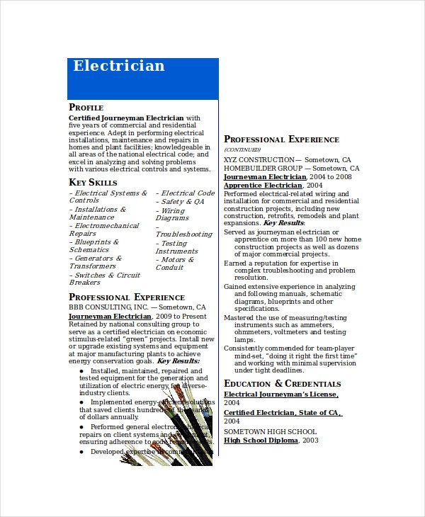 Electrician Resume Template 5 Free Word Excel PDF