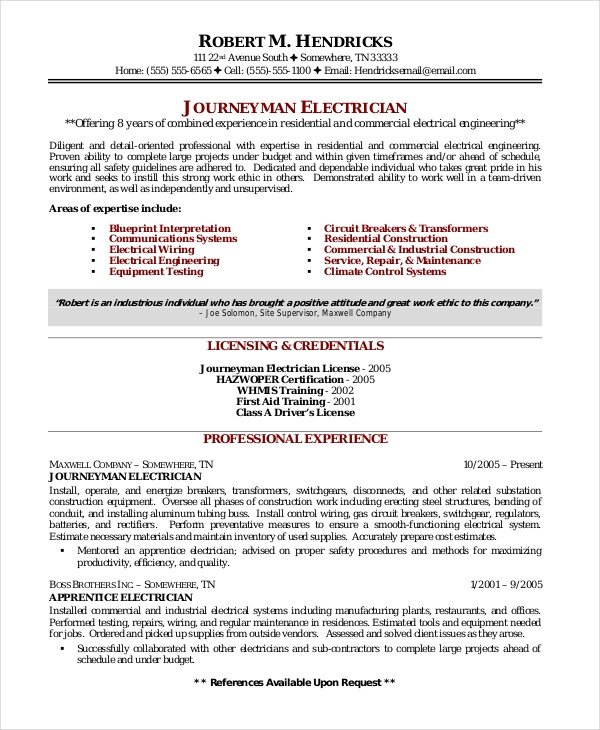 Electrician Resume Template 5 Free Word Excel PDF