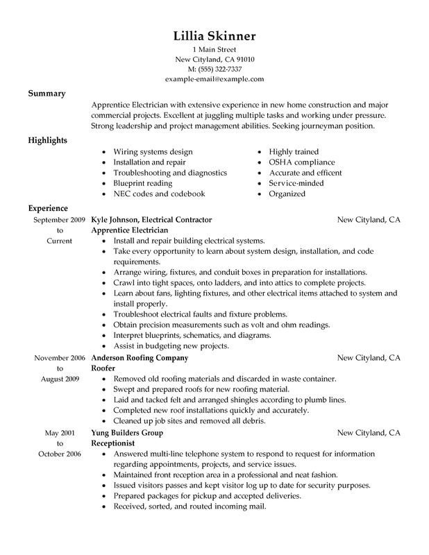 Unfor table Apprentice Electrician Resume Examples to