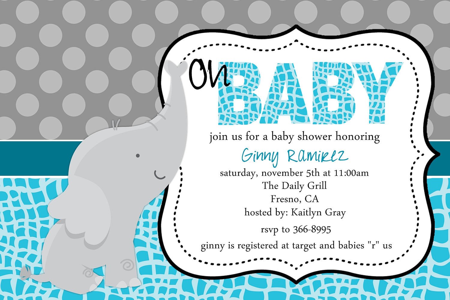Baby Elephant Baby Shower Invitation Blue Pink Purple Little