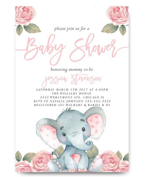Elephant baby shower invitation Elephant with flowers