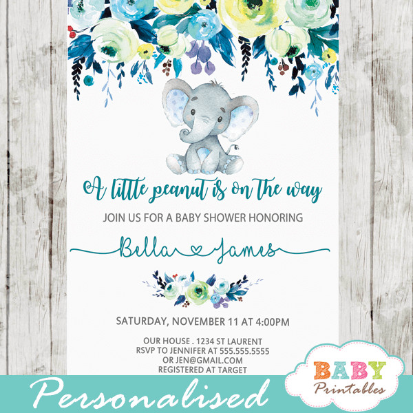 Elephant Baby Shower Invitations Boy Floral Teal Blue