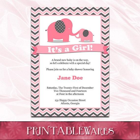 Pink Elephant Baby Shower Invitation Template Pink and Gray