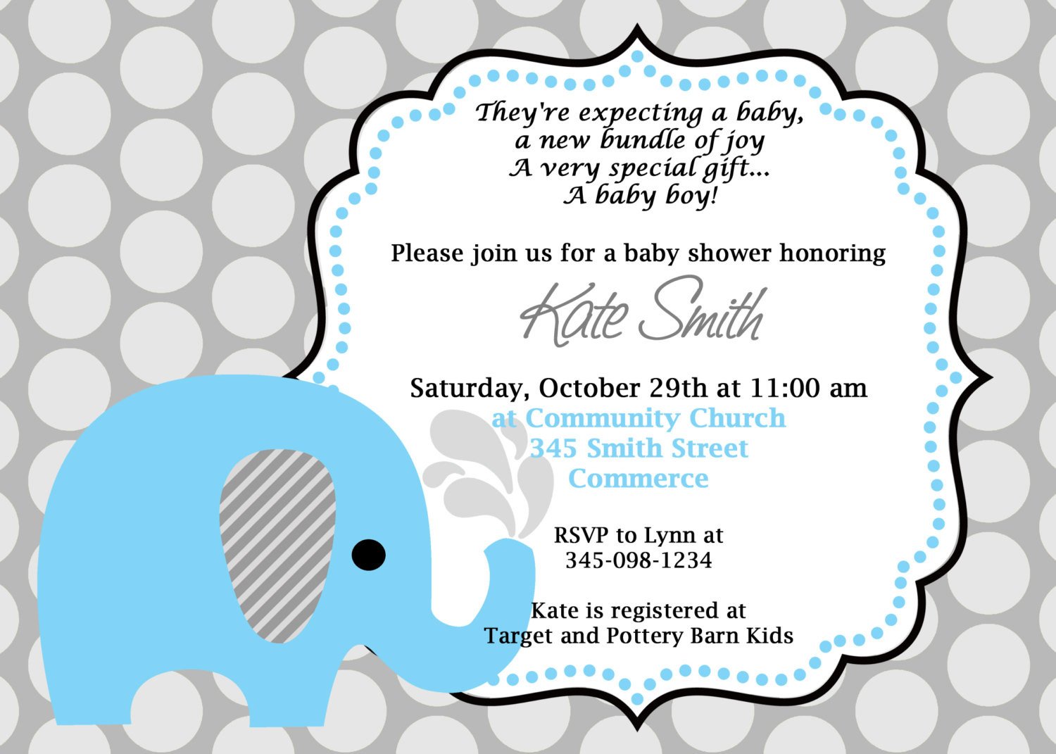 Printable Blue Elephant Baby Shower Invitation Customized