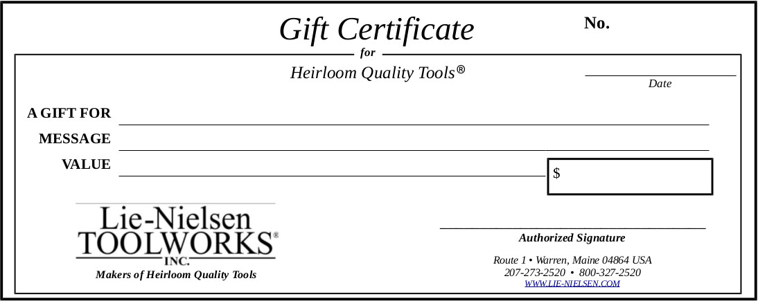 Email Gift Certificate Lie Nielsen Toolworks